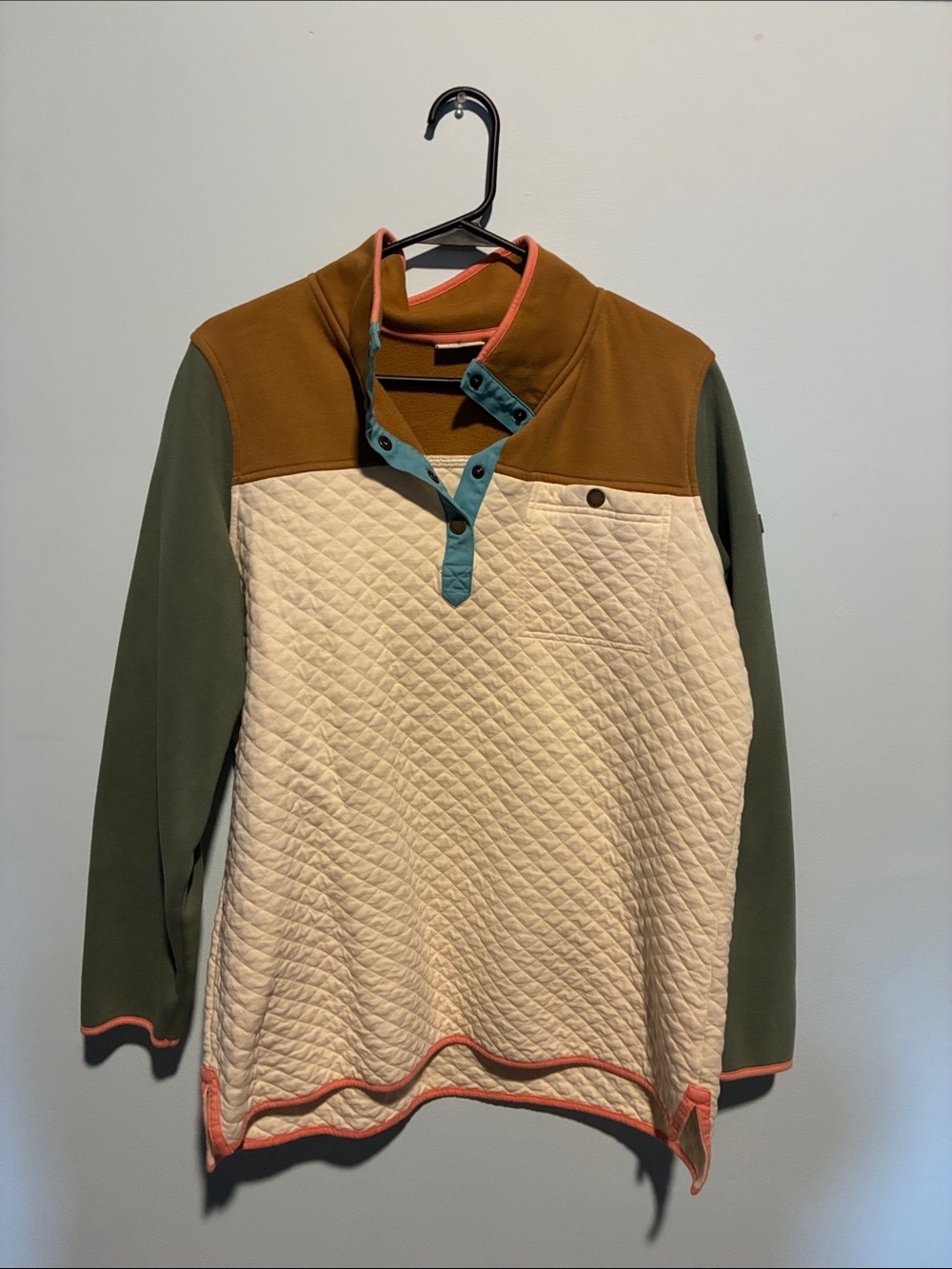 L.L. Bean Cream Quilted Pullover with Olive Sleeves and Brown Yoke